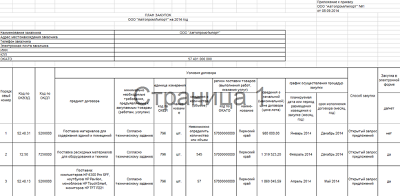 план закупок образец